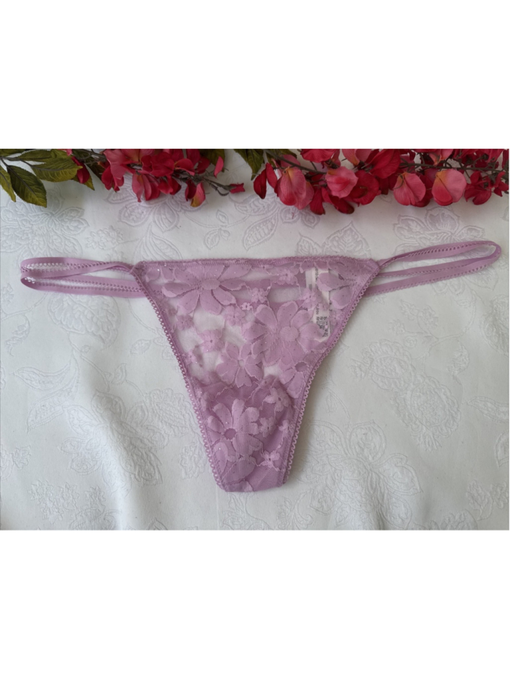 PINK VICTORIA'S SECRET XL LAVENDER PURPLE RHINESTONES V STRING THONG PANTIES NWT